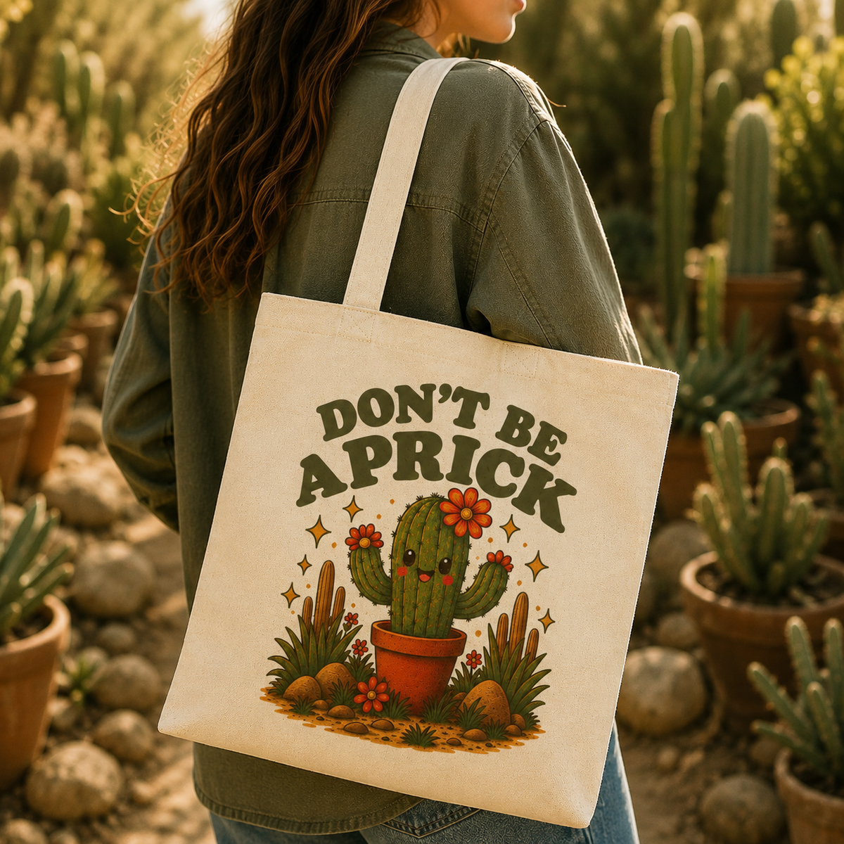 Model carrying Don't Be a Prick cactus canvas tote