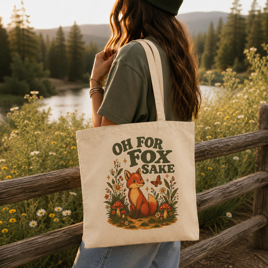 Model carrying Oh For Fox Sake fox canvas tote