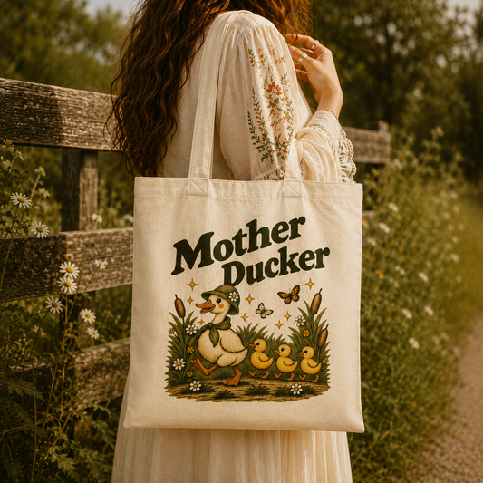 Model carrying Mother Ducker mama duck canvas tote