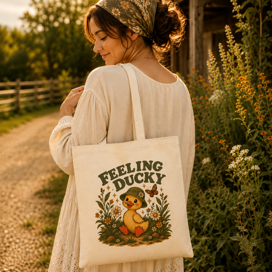 Model carrying Feeling Ducky retro duck canvas tote