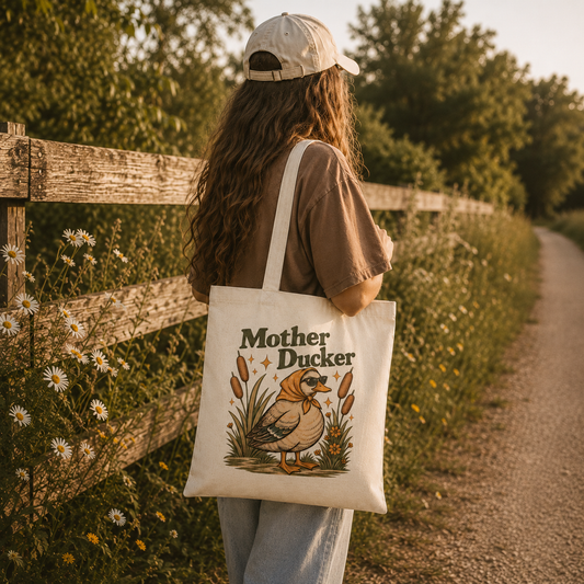Model carrying Mother Ducker retro duck canvas tote