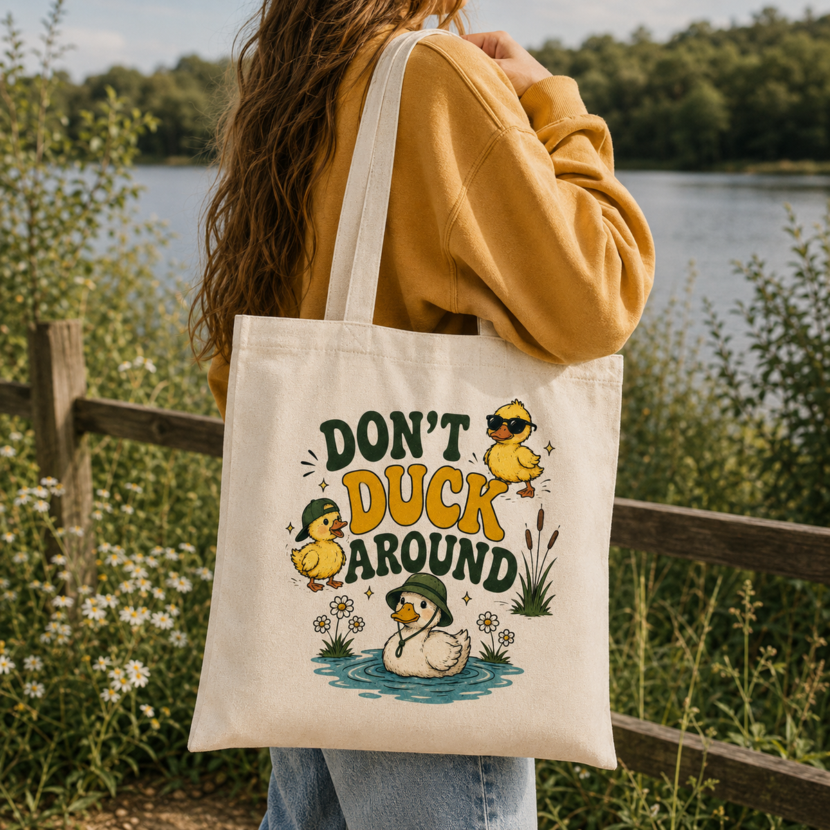 Model carrying Don't Duck Around retro duck canvas tote