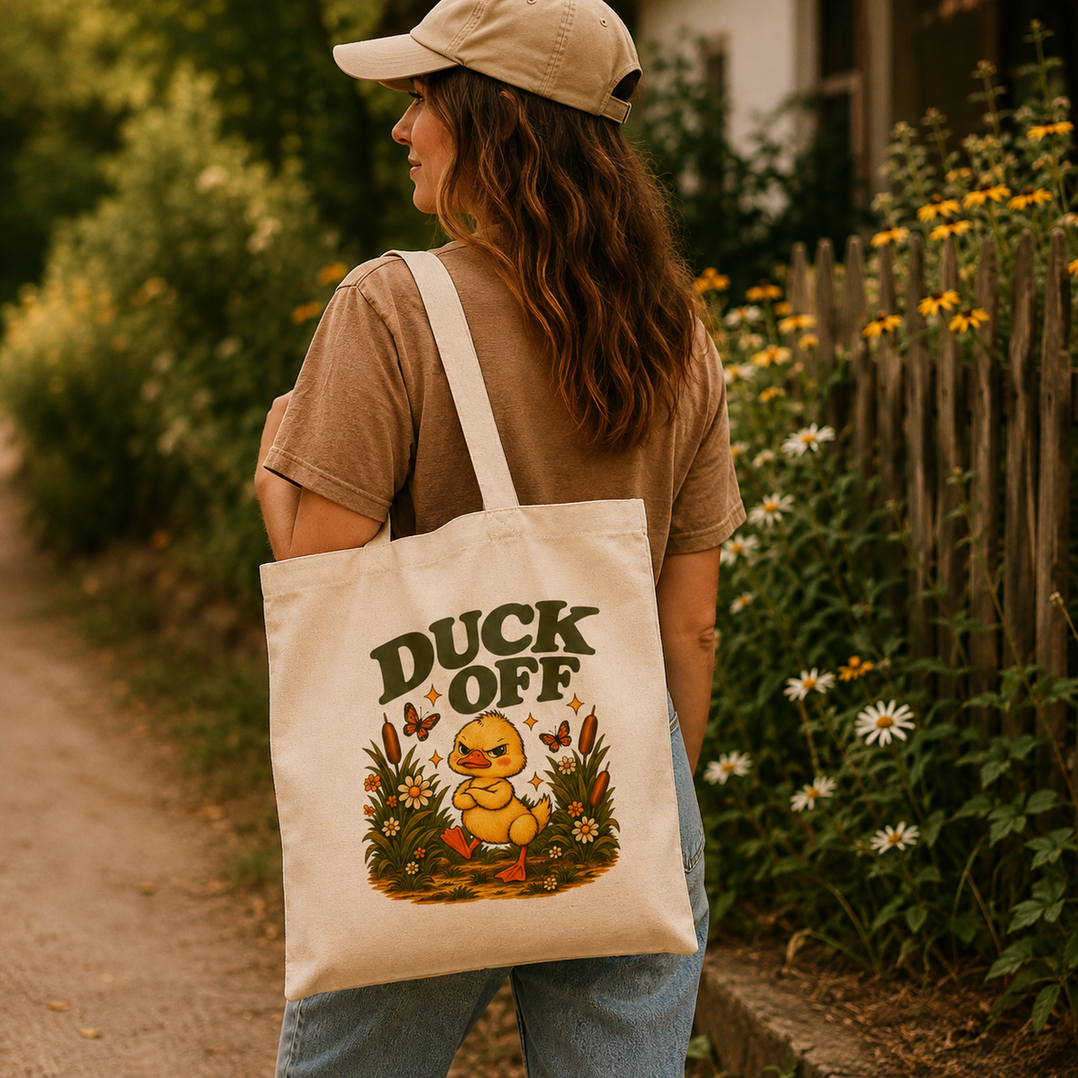 Model carrying Duck Off grumpy duck canvas tote