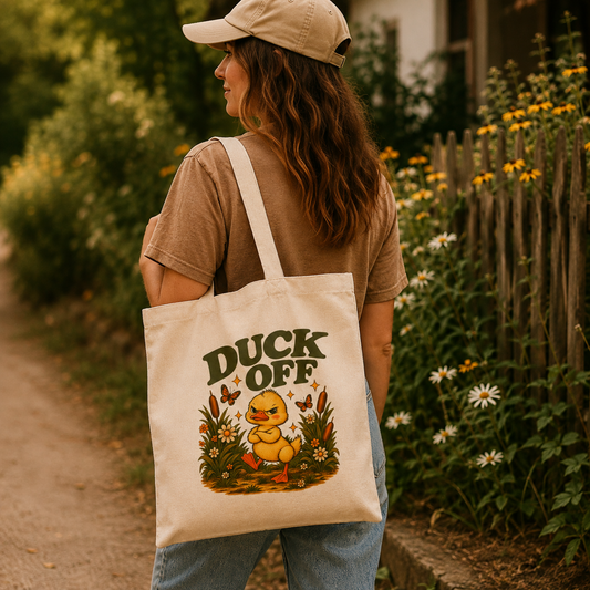 Model carrying Duck Off grumpy duck canvas tote