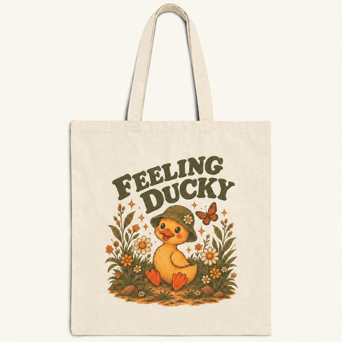 Feeling Ducky retro duck tote bag on cream background