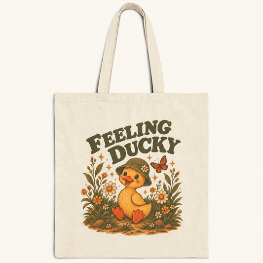 Feeling Ducky retro duck tote bag on cream background