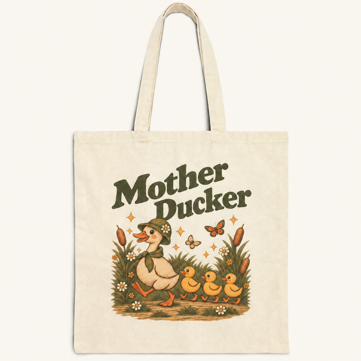 Mother Ducker mama duck tote bag on cream background