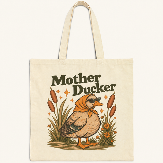Mother Ducker retro duck tote bag on cream background