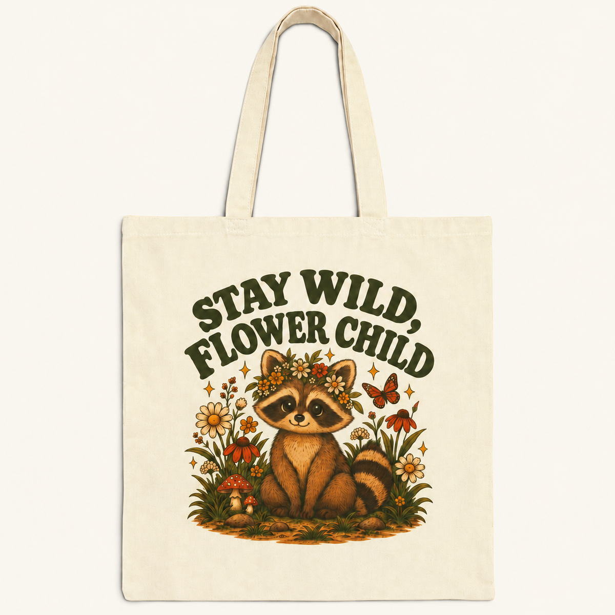 Stay Wild Flower Child raccoon tote bag on cream background